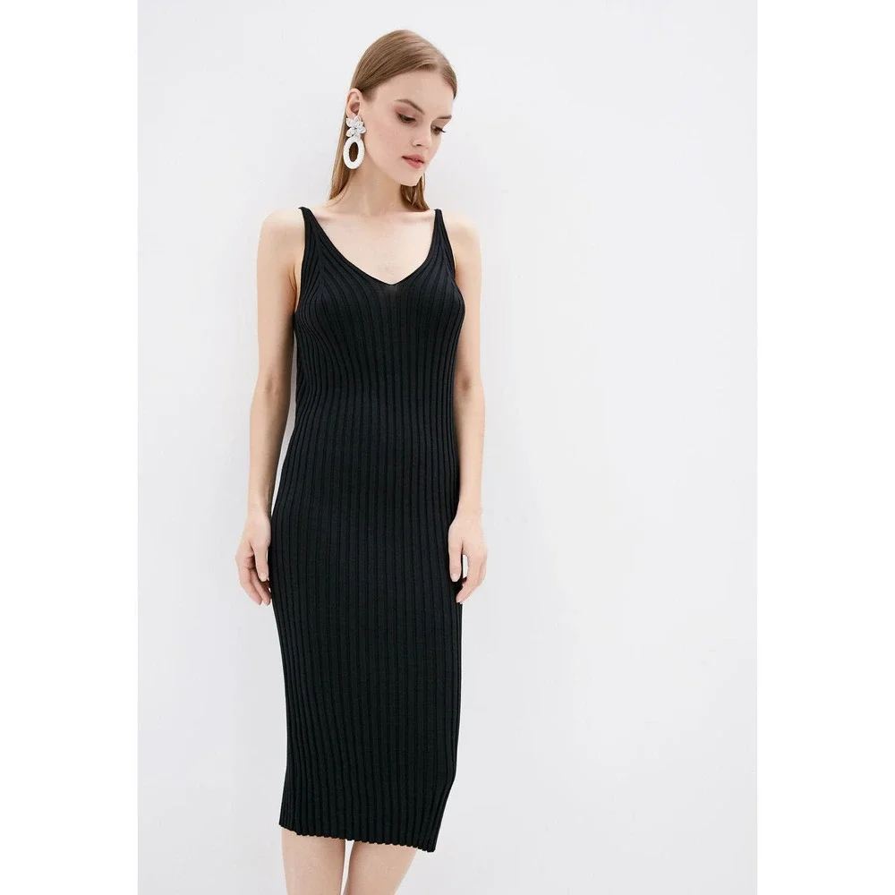 DASTI Knit Black Dress Ribbed Bodycon Midi Sweater Sleeveless V-Neck Knitted - Picture 3 of 6